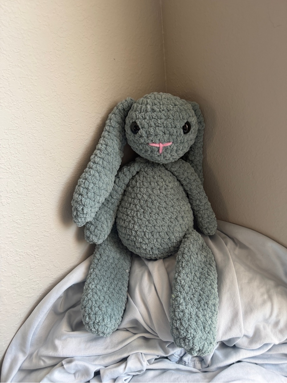 Plush Sage Green Bunny Stuffed Toy with Pink Accent - Soft Crochet Design